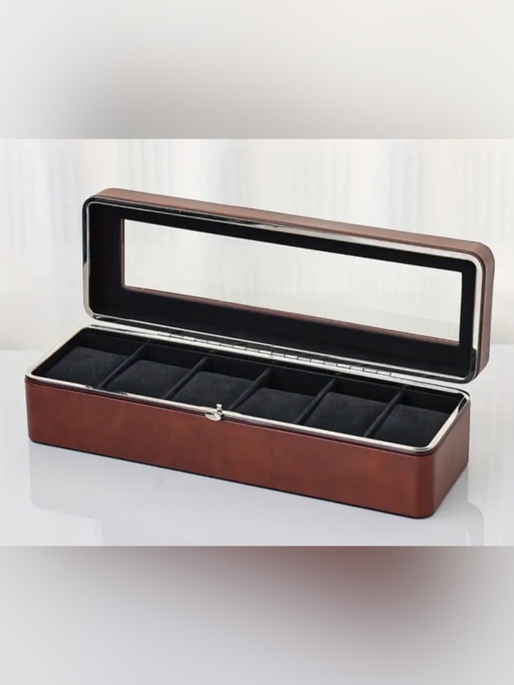 Brown Leather Watch Storage Case with Black Velvet Interior - 6 Watches